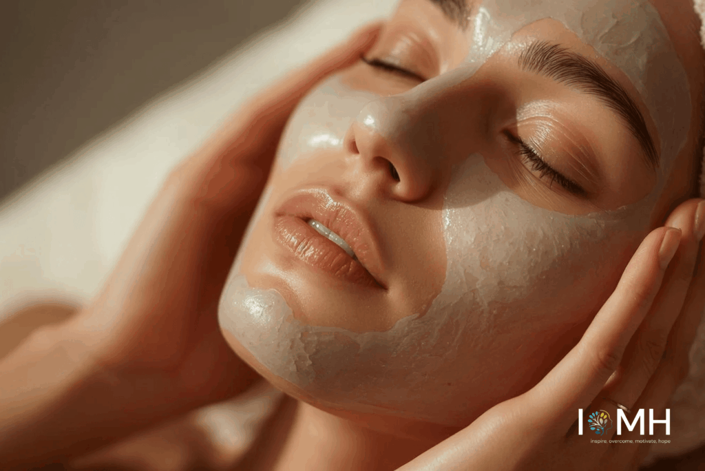 Woman relaxing with a natural clay face mask applied for oily skin care and purification
