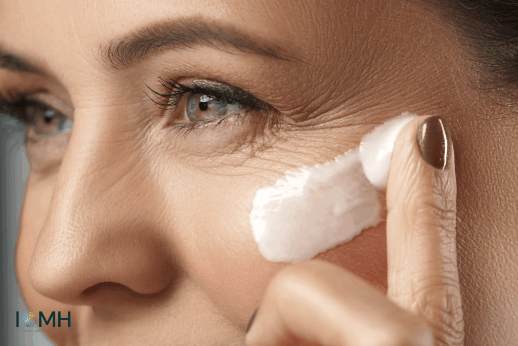 Mature woman applying a gentle natural cream under her eye for sensitive skin care