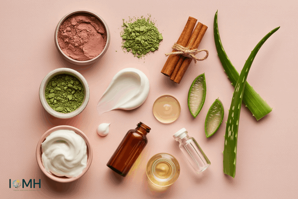 Flat lay of natural skincare ingredients including aloe vera, clays, powders, oils, and creams arranged on a pink background