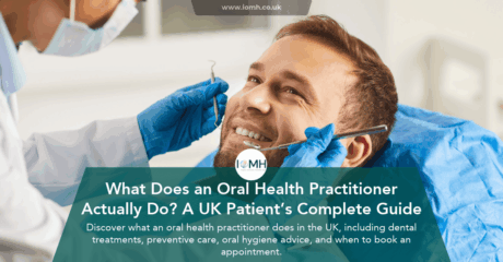 Male patient smiling during a dental checkup with an oral health practitioner using tools in a UK clinic