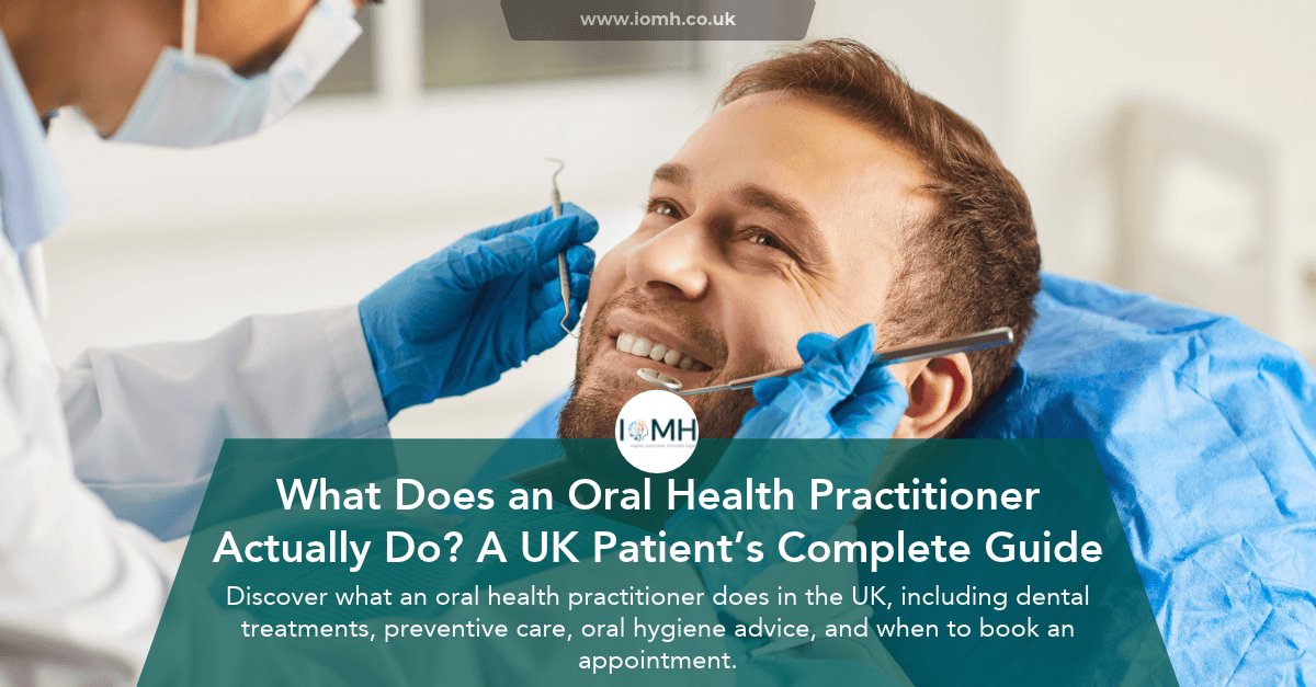 Male patient smiling during a dental checkup with an oral health practitioner using tools in a UK clinic