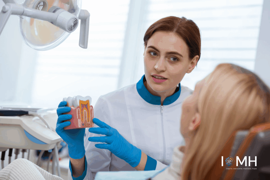Oral health practitioner explaining a detailed tooth model to a patient during a dental consultation