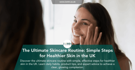 Smiling woman looking in the mirror while applying skincare, featuring the ultimate skincare routine for healthier skin in the UK