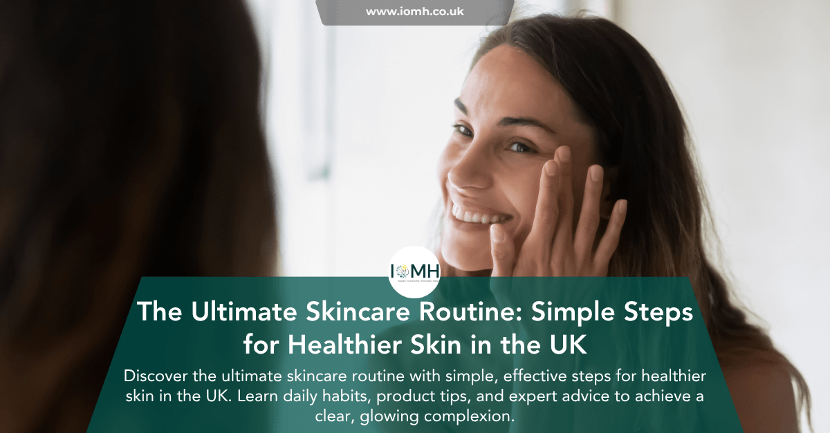 Smiling woman looking in the mirror while applying skincare, featuring the ultimate skincare routine for healthier skin in the UK