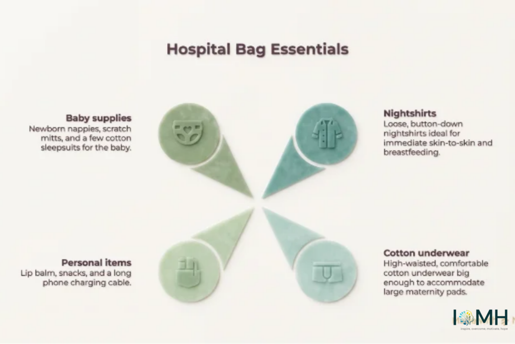 Hospital bag essentials for pregnancy, including baby clothes, newborn supplies, maternity underwear, and personal items for expectant mothers.