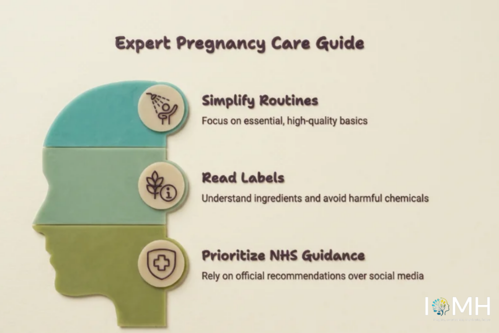 Expert Pregnancy Care Guide infographic showing three key tips: Simplify Routines, Read Labels and Prioritize NHS Guidance for safe pregnancy products
