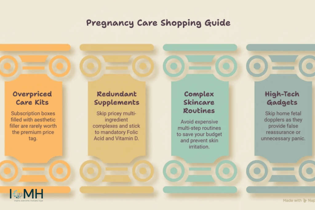 Pregnancy Care Shopping Guide infographic warning against overpriced care kits, redundant supplements, complex skincare routines and high-tech gadgets