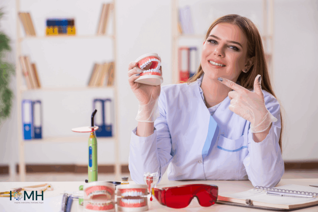 Smiling oral health practitioner holding a dental model and pointing to her teeth while explaining oral hygiene and dental care