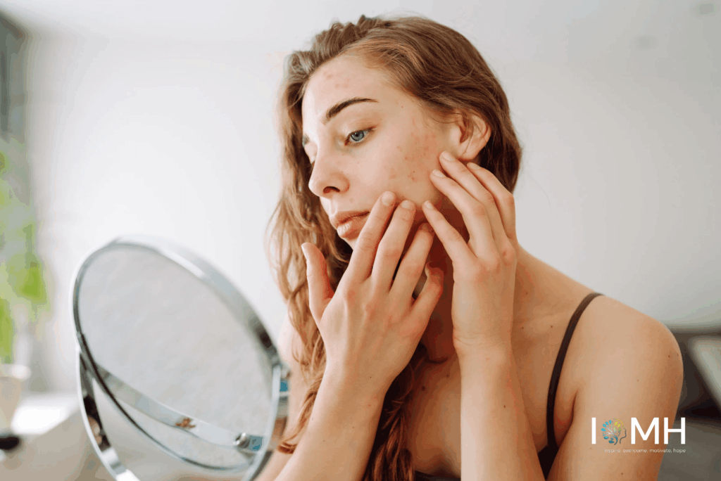 Young woman with sensitive acne-prone skin examining her face in a mirror while gently touching her cheeks