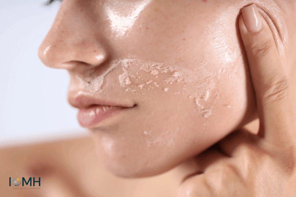 Close-up of a woman’s face showing dry, flaky skin while applying a moisturizing cream for dry skin care