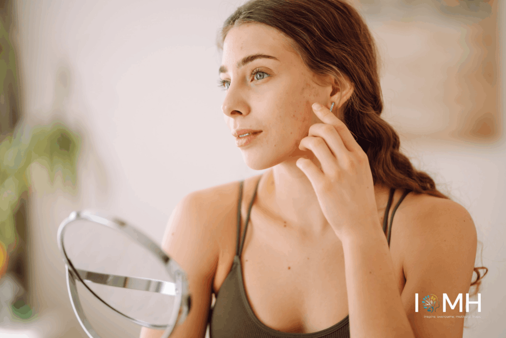 Young woman examining acne and blemishes in a mirror while gently touching her skin during a skincare routine