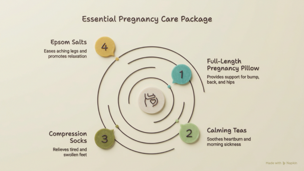 Essential pregnancy care package featuring pregnancy pillows, calming teas, compression socks and Epsom salts for expectant mothers.