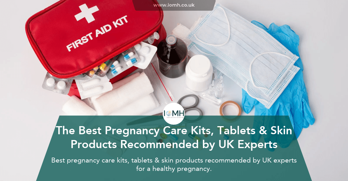 Red first aid kit with medical supplies including tablets, bandages, masks and gloves – best pregnancy care kits, tablets & skin products recommended by UK experts