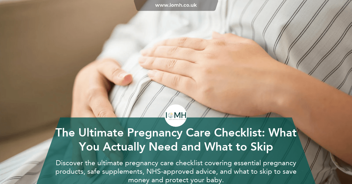Pregnant woman resting her hands on her baby bump with the ultimate pregnancy care checklist overlay showing what you need and what to skip